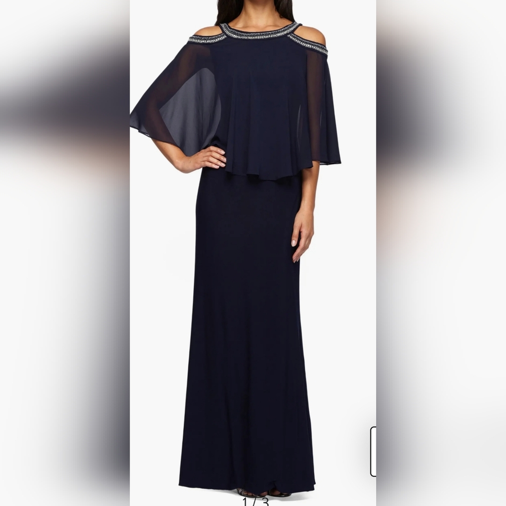 Alex Evenings Womens Embellished Formal Dress Cold Shoulder Navy SZ 16